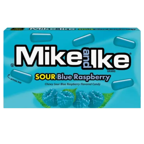 Enjoy the Mike and Ike Blue Raspberry Theater Pack Candy 12/120 g from qweurx.store, featuring vibrant blue candies with a sour blue raspberry flavor—perfect for sharing or stocking up at a great price.