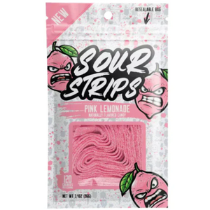 qweurx.store Sour Strips Pink Lemonade 12 - 96g features a resealable bag with illustrated angry pink lemons and a clear window displaying tangy pink sour strips inside.