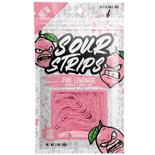 qweurx.store Sour Strips Pink Lemonade 12 - 96g features a resealable bag with illustrated angry pink lemons and a clear window displaying tangy pink sour strips inside.
