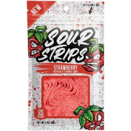 Packaging of Sour Strips strawberry flavor candy with cartoon strawberries on a white background.