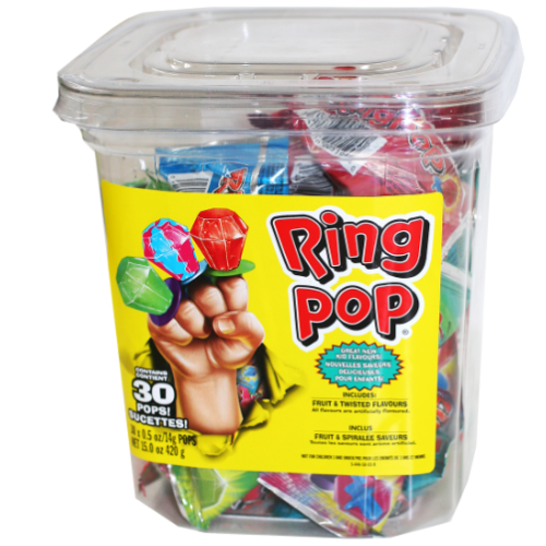 Clear container of Ring Pop candy with colorful packaging on a white background