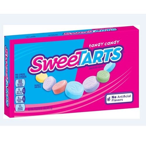 A box of Sweet Tarts Theater Box Candy with a pink background displaying various shapes of candy on the front, and the text 'Tangy Candy' prominently featured.