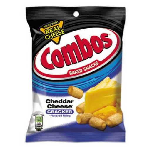 A package of Combos Cheddar Cheese Crackers. The packaging is predominantly blue with an image of the cheese and crackers on the front.