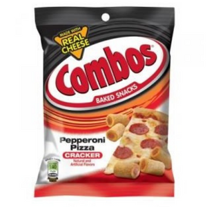 A package of Combos Pepperoni Pizza baked snacks showing the product name, an image of the snack, and the tagline 'Baked Snacks'.
