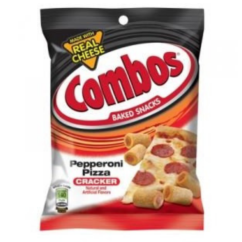 A package of Combos Pepperoni Pizza baked snacks showing the product name, an image of the snack, and the tagline 'Baked Snacks'.